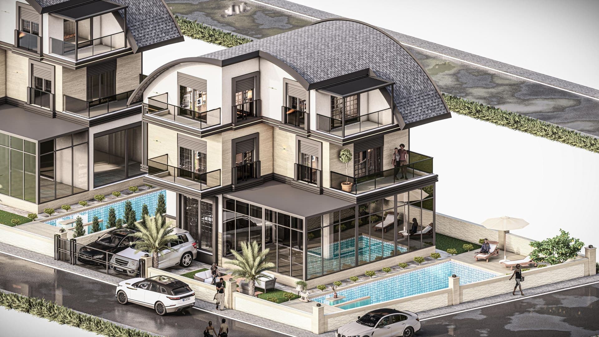 Villa ve havuzun kuşbakışı görünümü